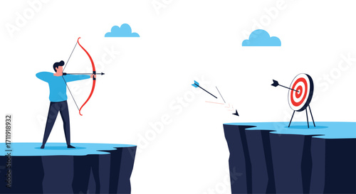 Archer aiming at a target across a gap on a cliff.