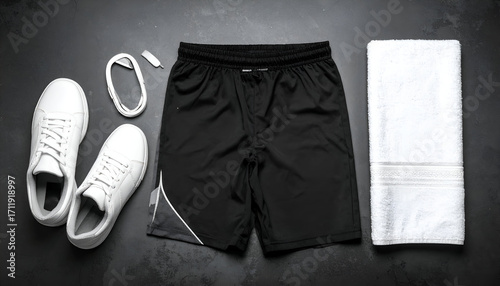 Workout essentials - sneakers, shorts, towel, and headphones on a dark surface.