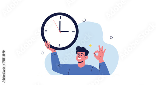 Man holding clock and showing ok sign representing good time management.