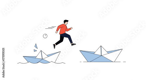 A person jumping from a sinking paper boat to a stable one.