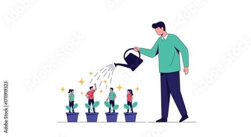 A man waters plants where small people are growing up.