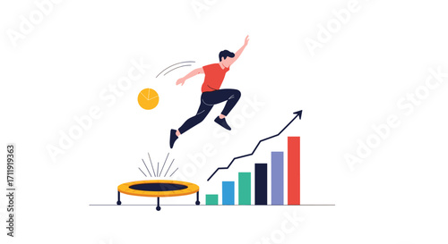 Man jumping on trampoline with growth chart showing upward trend.
