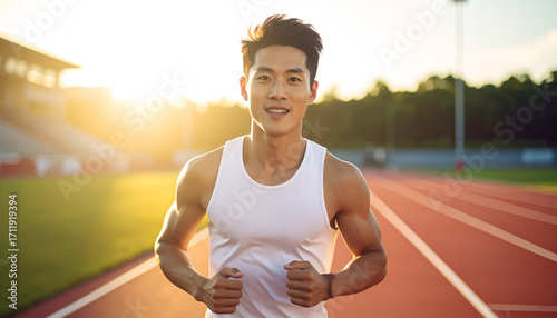 Young Asian man running on a track at sunset, looking at the camera with a determined expression.