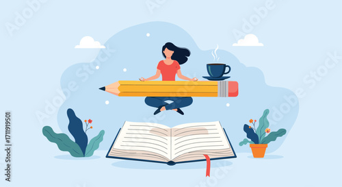 A creative person meditating while balancing a large pencil above an open book.