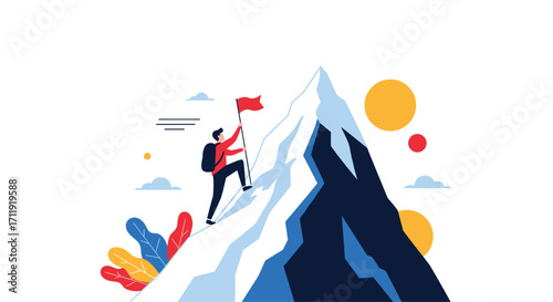 Climber raises a flag at the summit of a snowy mountain during daytime.