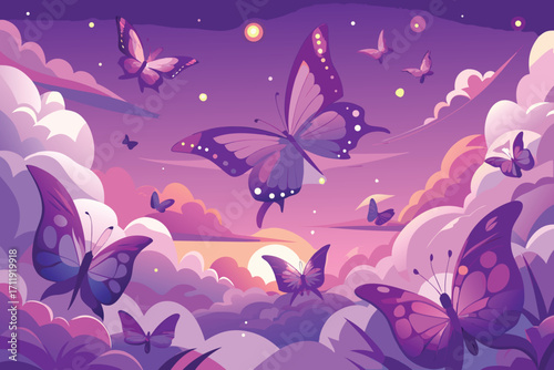 Magical purple butterflies flying in a dreamy twilight sky with clouds