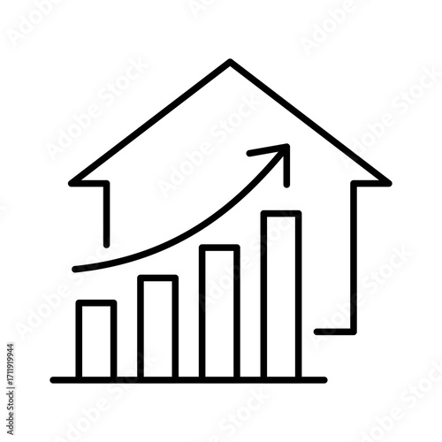 House with bar chart and upward arrow line icon. Rising real estate prices and investment growth concept. Increasing home values. Rising property prices and financial success. Vector illustration. 
