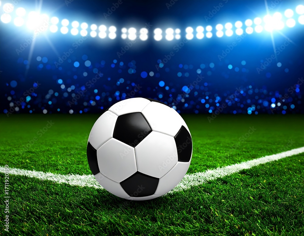 Obraz premium Soccer ball on field under stadium lights
