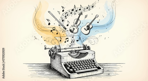 Artistic hand drawn vintage typewriter illustration representing the creative process of songwriting and musical inspiration with floating notes and instruments