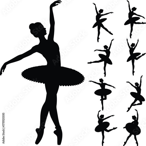 Silhouette of ballerina dancing, ballet performance, classical dance, elegant dancer poses, tutu dress, choreography, art, graceful movement, vector illustration