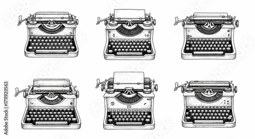 A set of six hand-drawn vintage typewriter illustrations, perfect for any creative project