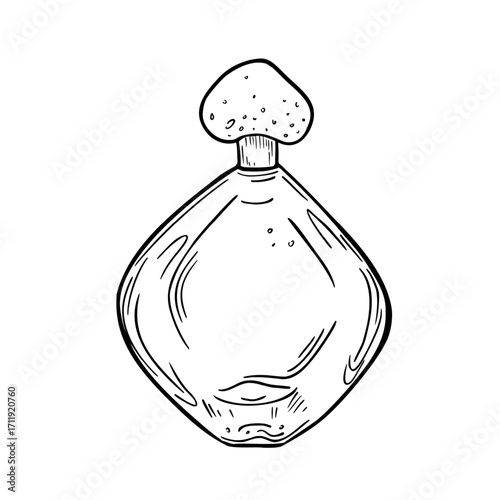 Fragrance bottle black white vector illustration. Hand drawn perfume flacon outline. Eau de toilette bottle line art. Glass perfume vial contour drawing for packaging and beauty background.