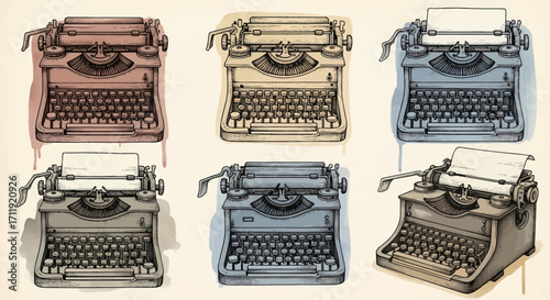 Artistic set of six multi-colored hand drawn vintage typewriter illustrations, showcasing classic retro writing equipment in a sketch style