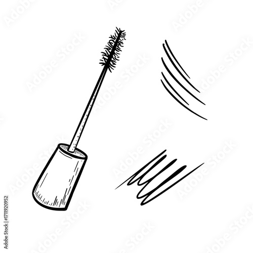 Mascara brush and strokes black white vector illustration. Hand drawn eyelash effect with ink like smears. Minimalist sketch line art for beauty branding, cosmetic advertising and salon packaging.