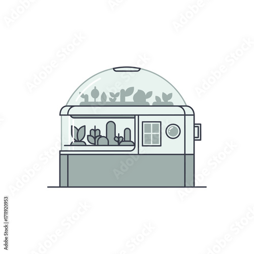 Futuristic Greenhouse Illustration with Plants and Dome Structure.