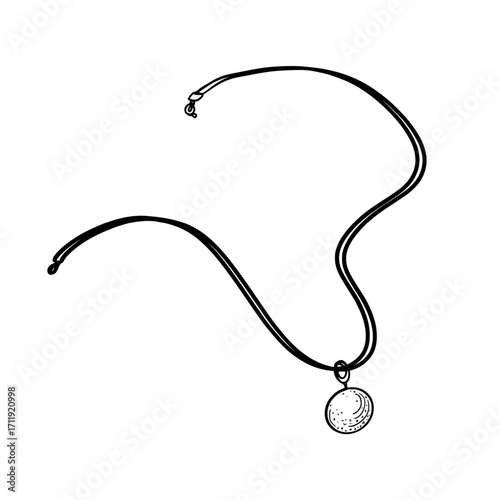 Gold chain with circular pendant black white vector illustration. Necklace with minimalist geometric charm outline hand drawn. Chain line art for jewelry branding, packaging and fashion design.