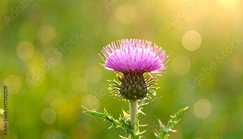 Pink thistle in sunlit field
