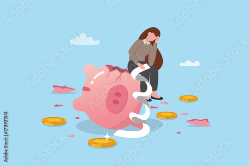 Overspending causing bankruptcy, broke or financial problem, poor and poverty, loan or bill payment overdue, expense concept, sad depressed woman holding bill payment on broken piggy bank money.