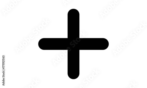 A simple, bold black plus sign with rounded ends on a white background.