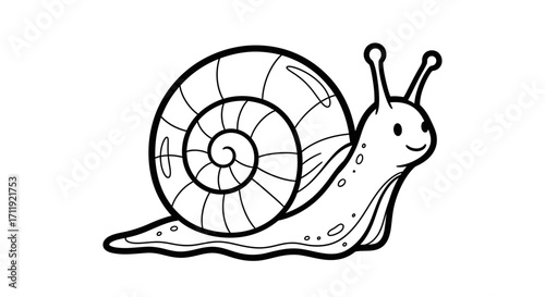 A cartoon snail with a spiral shell and smiling face, depicted in black and white.