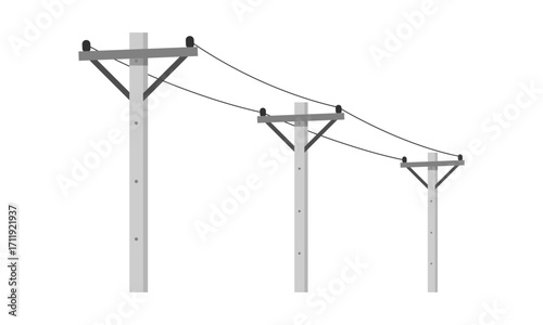 Three utility poles with power lines, illustrating electrical infrastructure and energy distribution.