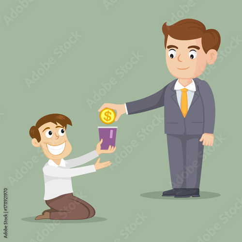 Man Giving Coin to Person in Need. Salary Time Concept. Drawings, Illustration, Cartoon, Vector.