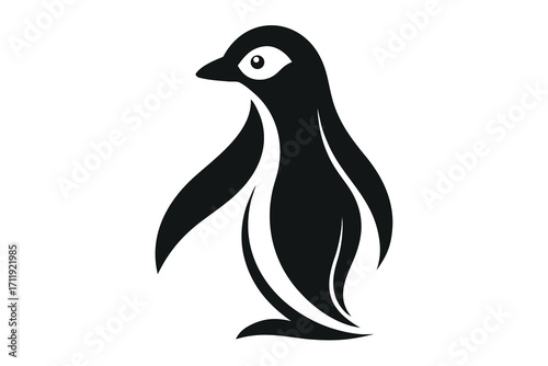 Stylized black penguin silhouette with white eye and abstract wing details