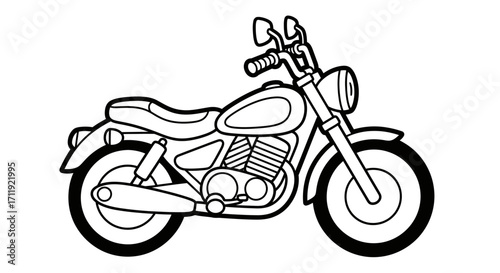 Line drawing of a classic motorcycle, detailed illustration, side profile view.