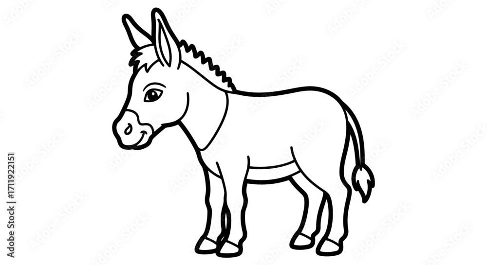 Fototapeta premium A simple line drawing of a donkey standing in profile, facing left, with a friendly expression.