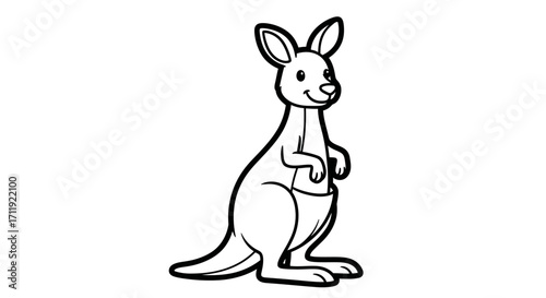 A cartoon kangaroo stands upright, showcasing its pouch and smiling, in a simple black and white illustration.
