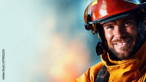 A confident firefighter smiles while wearing protective gear, showcasing a dedicated spirit and courage needed to combat fires and protect communities from danger and destruction.