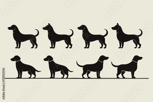 Collection of silhouette dog breeds in various poses on a neutral background