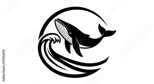A whale leaps from a stylized wave, encircled by a crescent shape, in a black and white design.