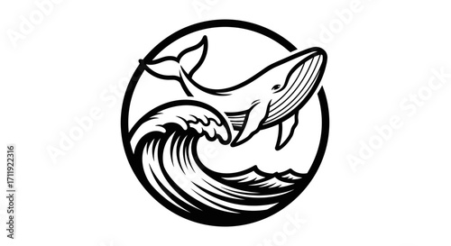 A humpback whale breaches a wave, encircled in a stylized monochrome design.