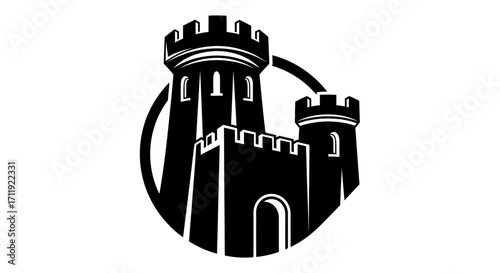A stylized black and white illustration of a medieval castle, encircled, representing strength and heritage.