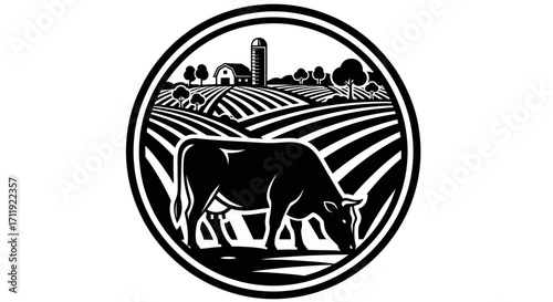A black and white illustration of a cow grazing in a pastoral farm scene, encircled by a decorative border.