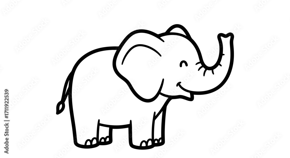 Fototapeta premium A simple line drawing of a happy elephant with its trunk raised, isolated on a white background.