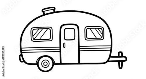 Simple black and white drawing of a vintage camper van.