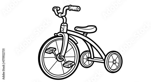 A classic children's tricycle, black and white line drawing, showing details of the frame, wheels, pedals, and seat.