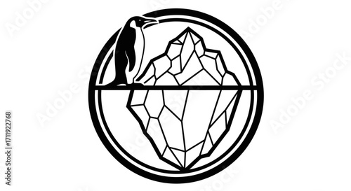 A penguin perched atop a melting iceberg, encircled within a symbolic graphic design.