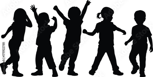 Silhouette of children dancing, happy kids playing, childhood fun, joyful group activity, child friendship, playful movement, school event, outdoor lifestyle illustration