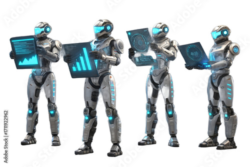 Four futuristic robots analyzing data on digital screens isolated on transparent background