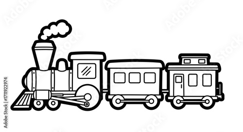 A cartoon train with a locomotive, passenger car, and caboose emitting smoke.