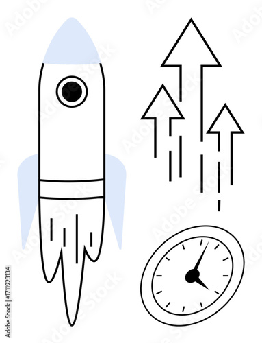 Rocket blasting off with arrows signifying upward momentum and stopwatch representing time. Ideal for success, startup, innovation, progress, efficiency, strategy, scalability. Simple flat metaphor