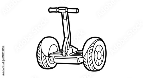 Line drawing of a self-balancing scooter, showcasing its two wheels, handlebars, and platform.