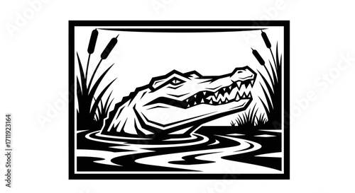 A stylized black and white illustration of an alligator's head emerging from swamp water, framed by reeds.