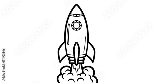 A black and white illustration of a rocket launching upwards, leaving a trail of smoke.
