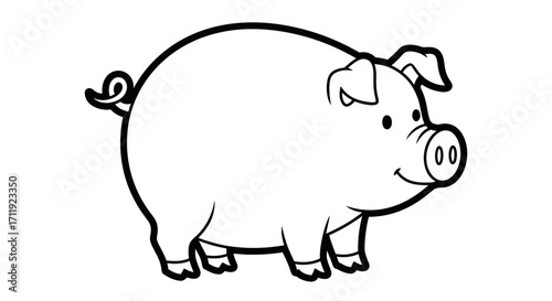 Cute Cartoon Pig Farm Animal Line Art on an Isolated White Background, Domestic Livestock