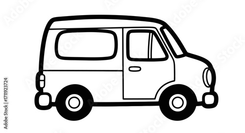 A simple, black and white illustration of a small, boxy delivery van, showing its side profile.