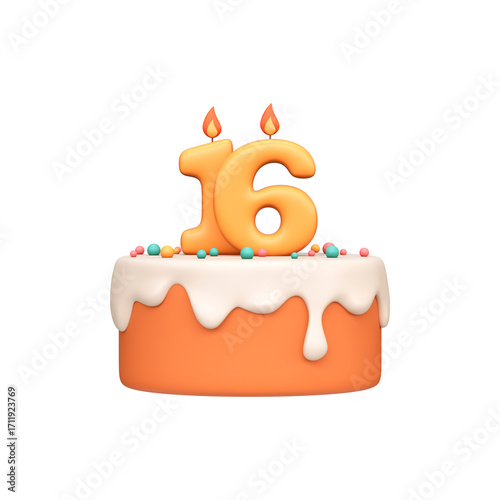 Cartoon 3D Birthday Cake with Candle Number 16.